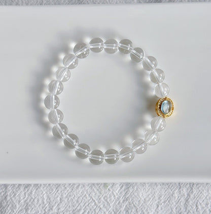 8mm Clear Quartz Beaded Bracelet with Aquamarine Charm | Clarity & Calm