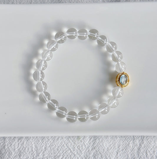 8mm Clear Quartz Beaded Bracelet with Aquamarine Charm | Clarity & Calm