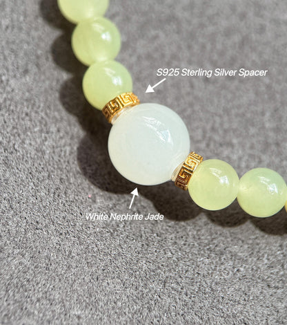 6mm Double Wrap Yellow Nephrite Jade Bracelet | White Jade & Red Agate Accent | Stretch Bracelet 6–6.75"