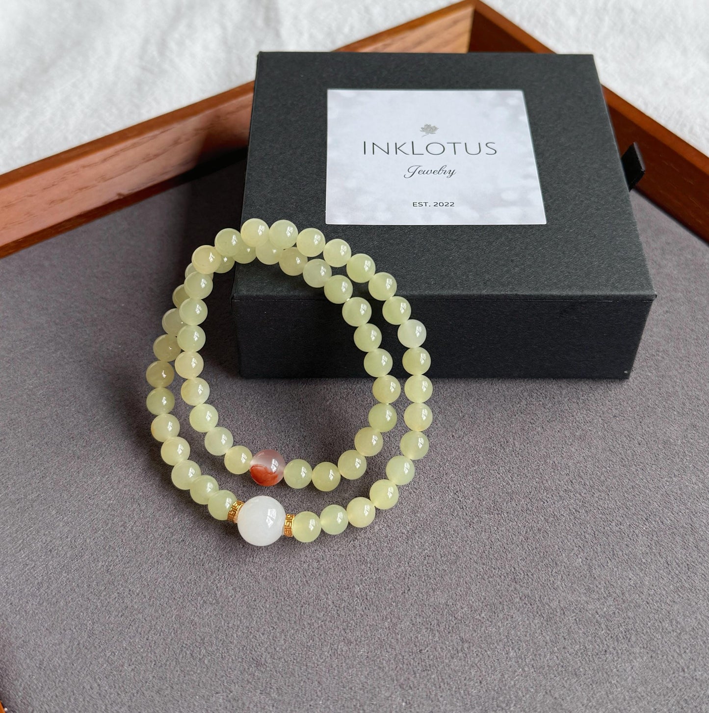 6mm Double Wrap Yellow Nephrite Jade Bracelet | White Jade & Red Agate Accent | Stretch Bracelet 6–6.75"