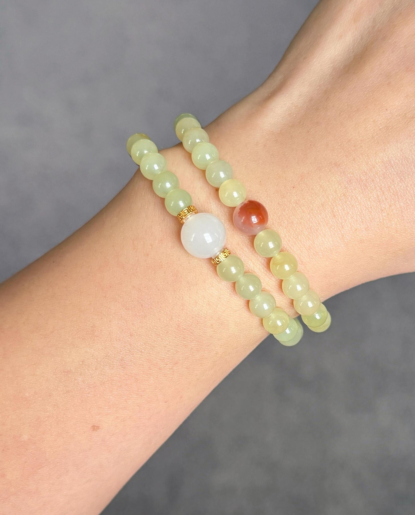 6mm Double Wrap Yellow Nephrite Jade Bracelet | White Jade & Red Agate Accent | Stretch Bracelet 6–6.75"