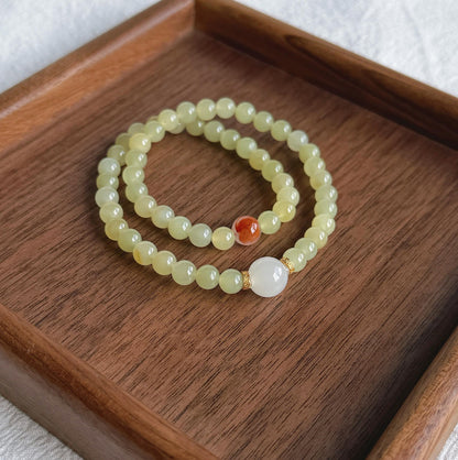 6mm Double Wrap Yellow Nephrite Jade Bracelet | White Jade & Red Agate Accent | Stretch Bracelet 6–6.75"