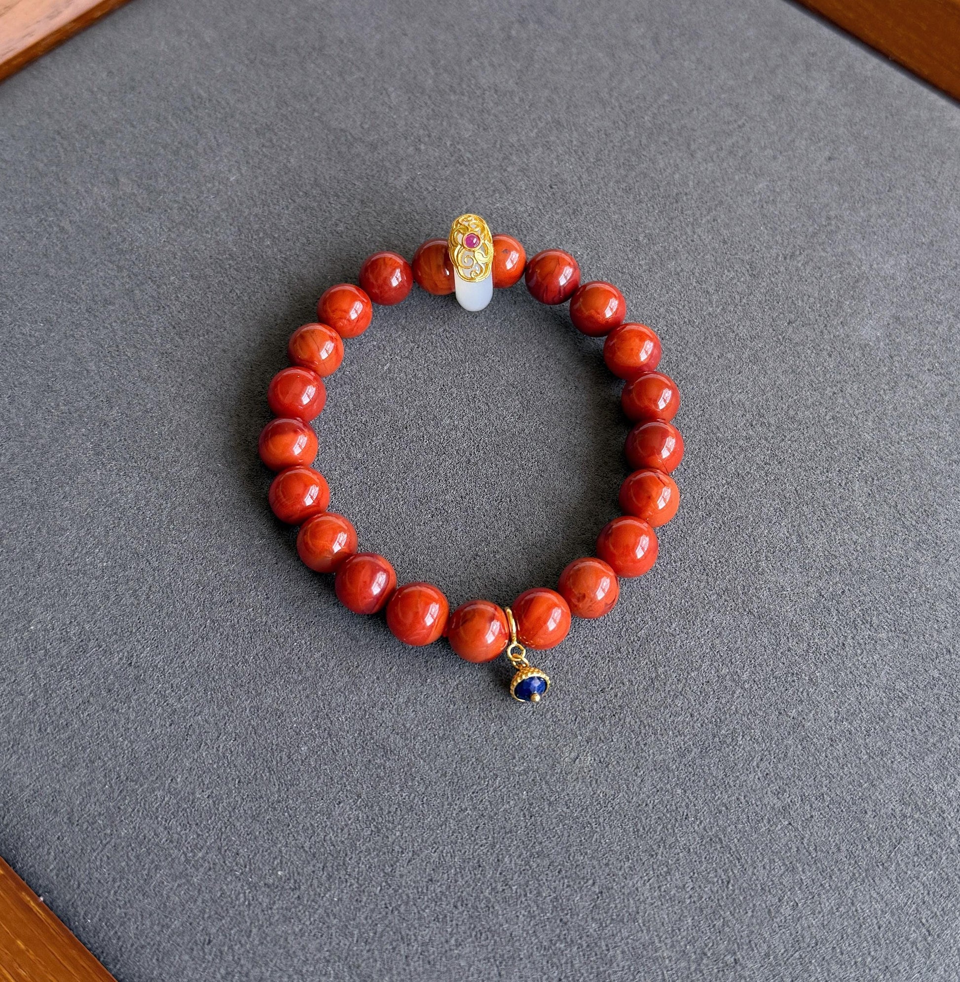 Natural Red Agate Bracelet 8.5mm | S925 Silver Chalcedony Ring & Lapis Lazuli Charm | Lucky Energy Jewelry Gift