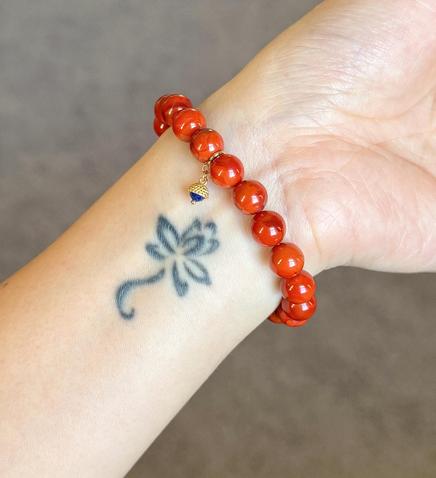 Natural Red Agate Bracelet 8.5mm | S925 Silver Chalcedony Ring & Lapis Lazuli Charm | Lucky Energy Jewelry Gift