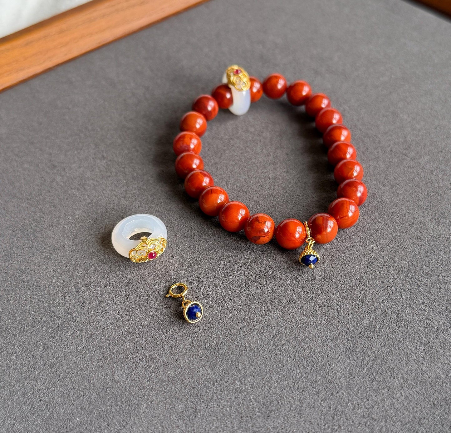 Natural Red Agate Bracelet 8.5mm | S925 Silver Chalcedony Ring & Lapis Lazuli Charm | Lucky Energy Jewelry Gift
