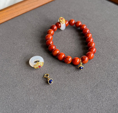 Natural Red Agate Bracelet 8.5mm | S925 Silver Chalcedony Ring & Lapis Lazuli Charm | Lucky Energy Jewelry Gift