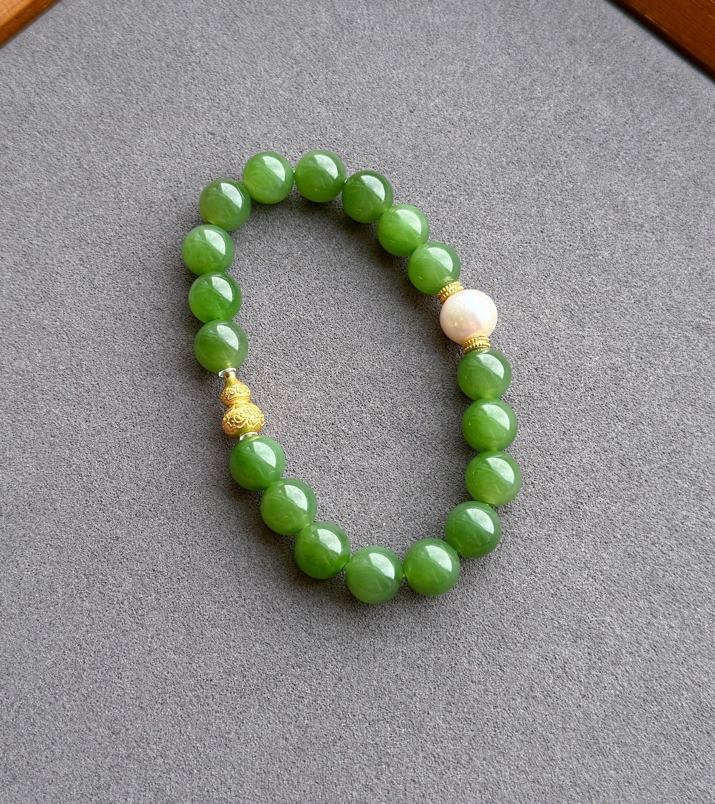 Natural Green Nephrite Jade Bracelet 9mm | Freshwater Pearl | S925 Sterling Silver Gourd Charm | Lucky Jade Jewelry