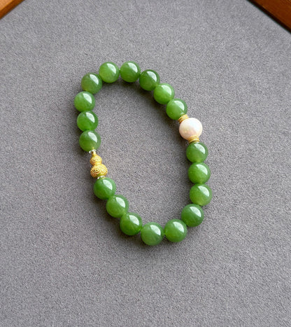 Natural Green Nephrite Jade Bracelet 9mm | Freshwater Pearl | S925 Sterling Silver Gourd Charm | Lucky Jade Jewelry