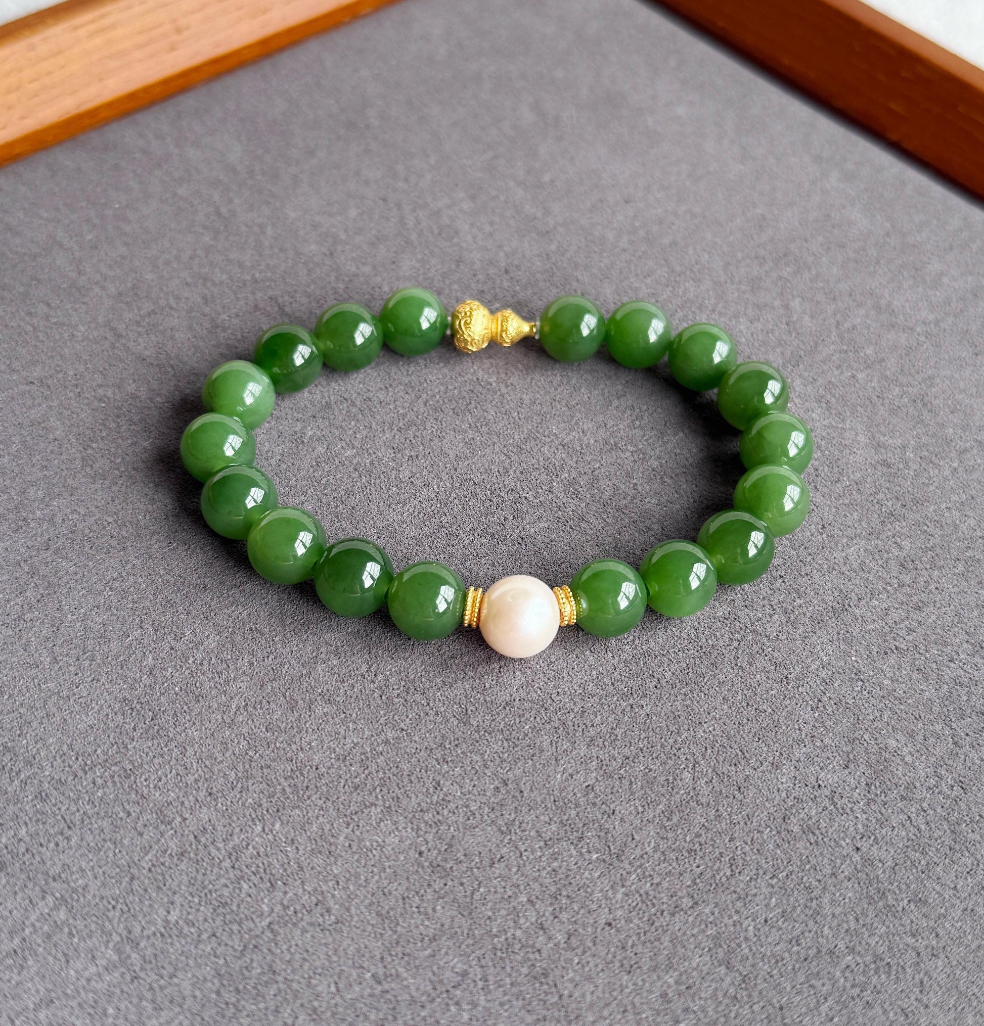 Natural Green Nephrite Jade Bracelet 9mm | Freshwater Pearl | S925 Sterling Silver Gourd Charm | Lucky Jade Jewelry