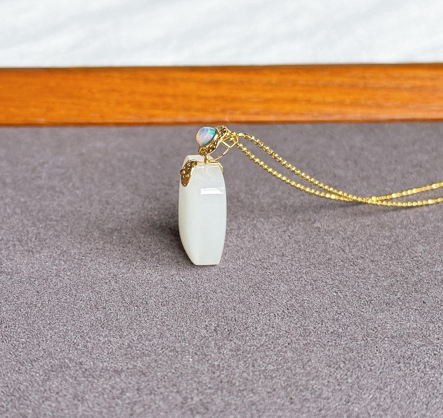White Nephrite Jade Pendant Necklace | Solid 18K Gold Natural Welo Opal Bail | Fine Jewelry Gift for Her