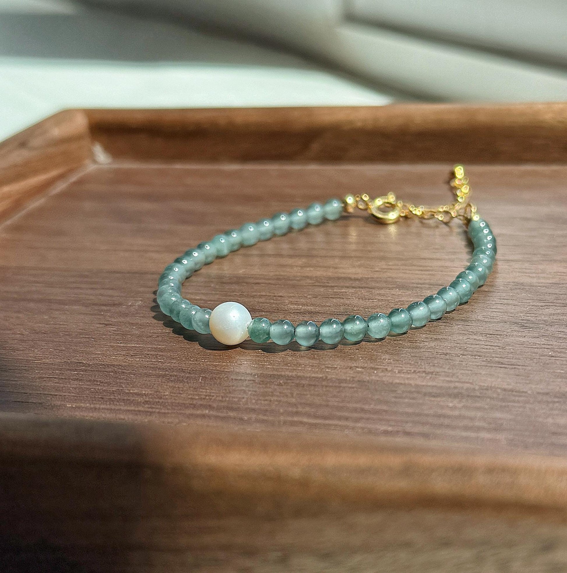 Guatemalan Blue Jadeite Bracelet with Freshwater Pearl | 3.5mm Beaded | Adjustable Length | Minimalist Jewelry Gift
