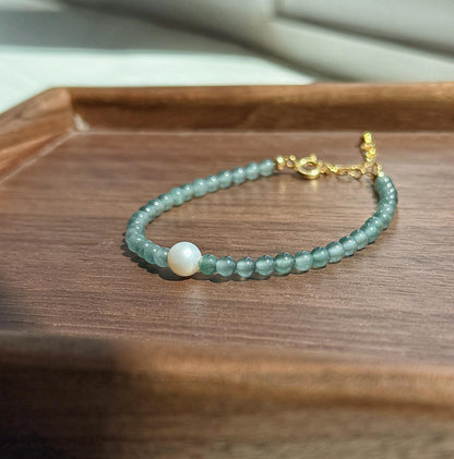 Guatemalan Blue Jadeite Bracelet with Freshwater Pearl | 3.5mm Beaded | Adjustable Length | Minimalist Jewelry Gift