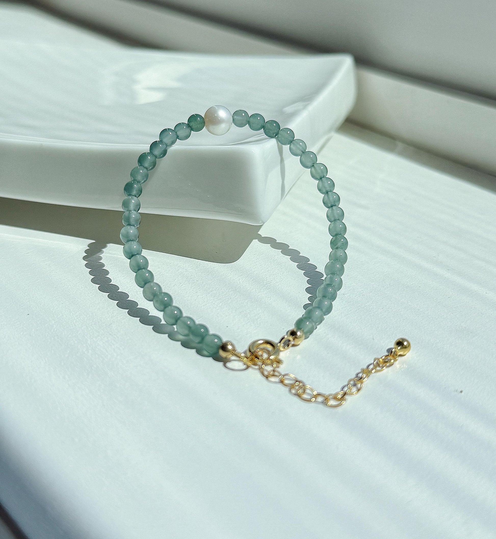Guatemalan Blue Jadeite Bracelet with Freshwater Pearl | 3.5mm Beaded | Adjustable Length | Minimalist Jewelry Gift