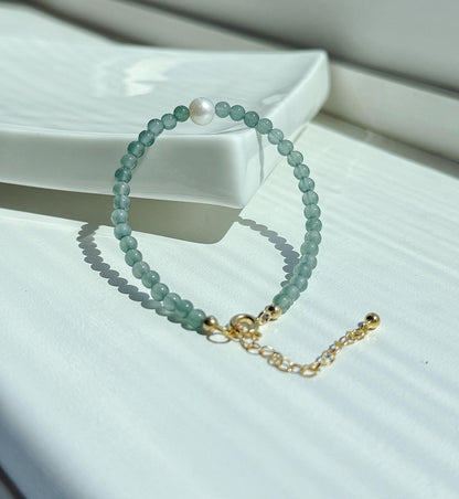 Guatemalan Blue Jadeite Bracelet with Freshwater Pearl | 3.5mm Beaded | Adjustable Length | Minimalist Jewelry Gift