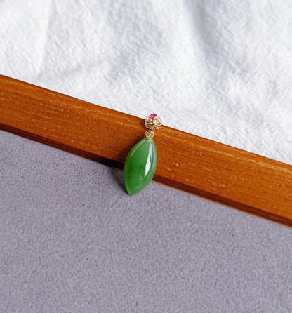 18K Natural Green Nephrite Jade Pendant Necklace | Marquise Jade | Dainty Jewelry Gift for Her