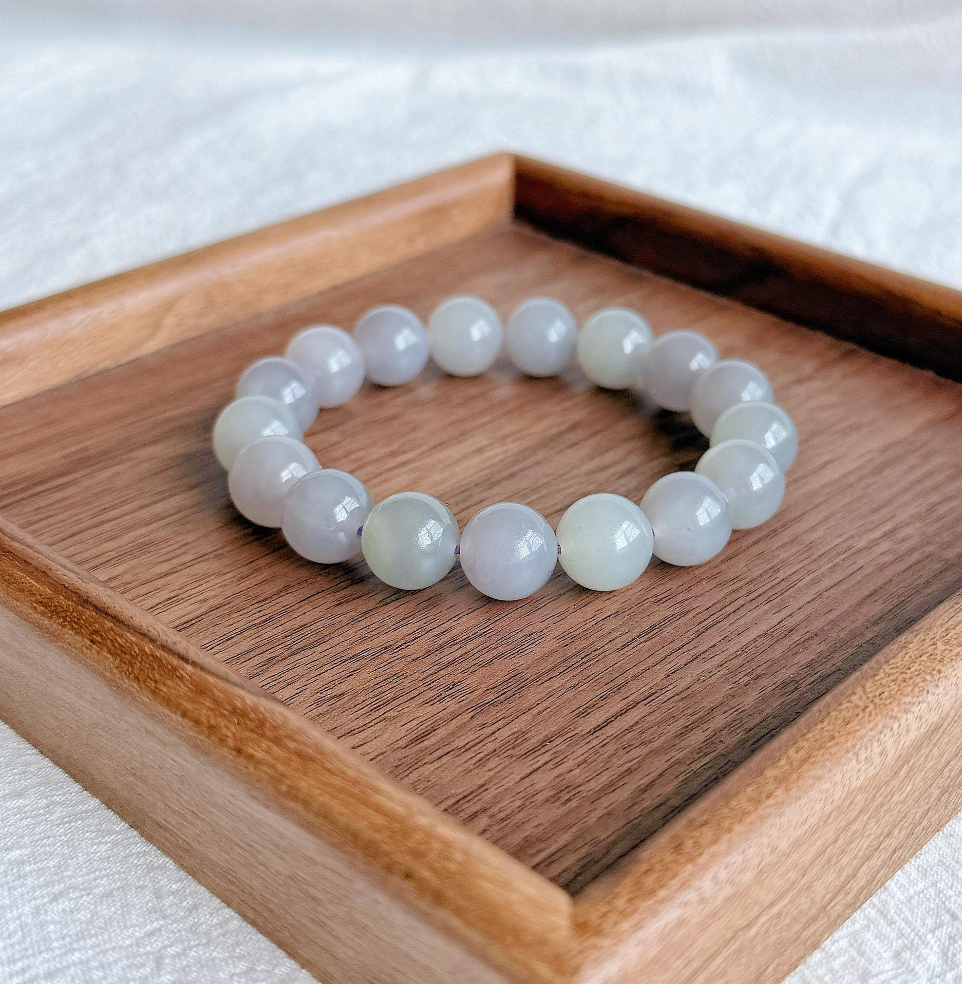 12mm Natural Nephrite Jade Bracelet | Gray Lilac & Soft Green Jade | Rare Pastel Jade Jewelry Gift for Her