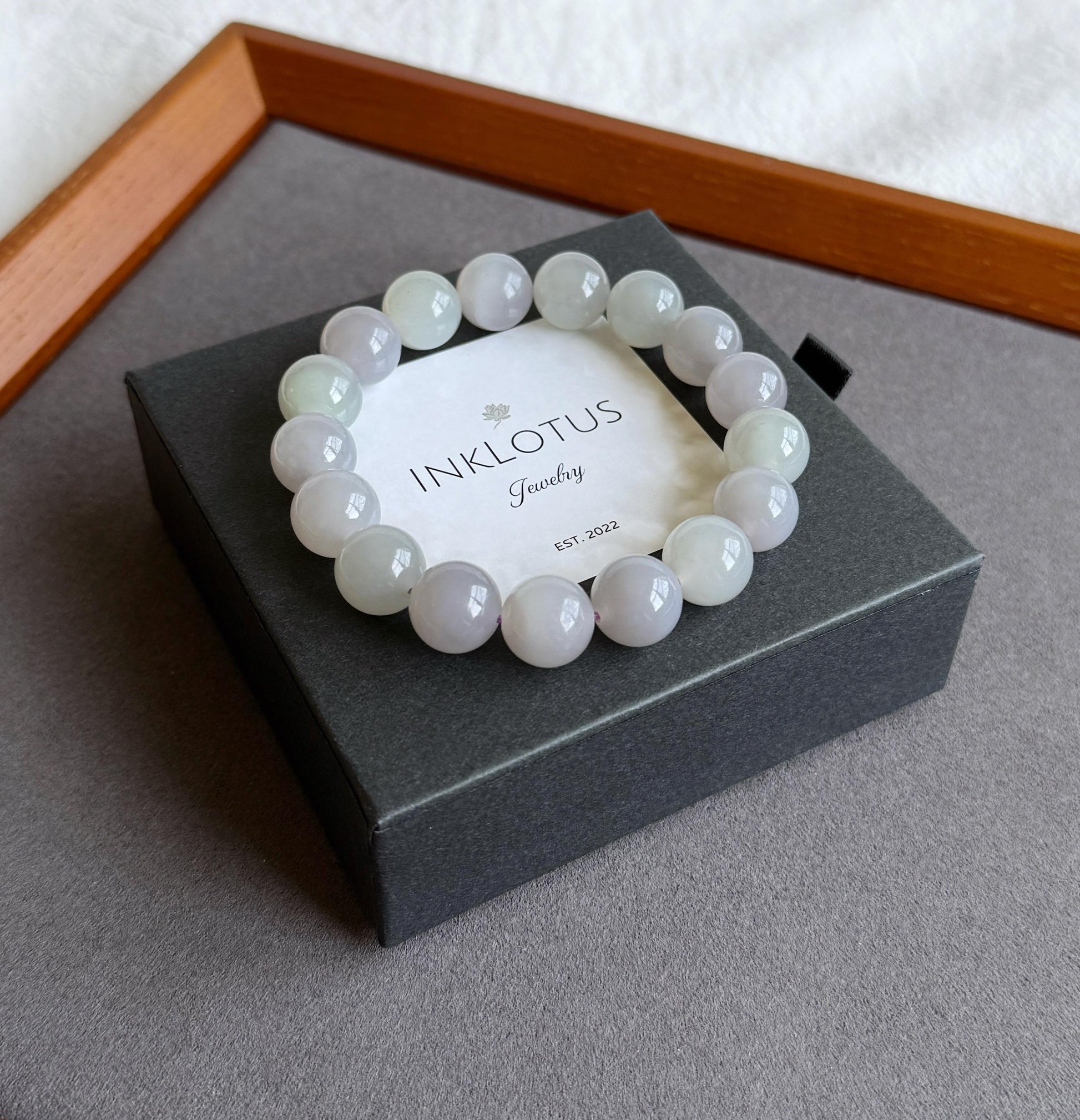 12mm Natural Nephrite Jade Bracelet | Gray Lilac & Soft Green Jade | Rare Pastel Jade Jewelry Gift for Her