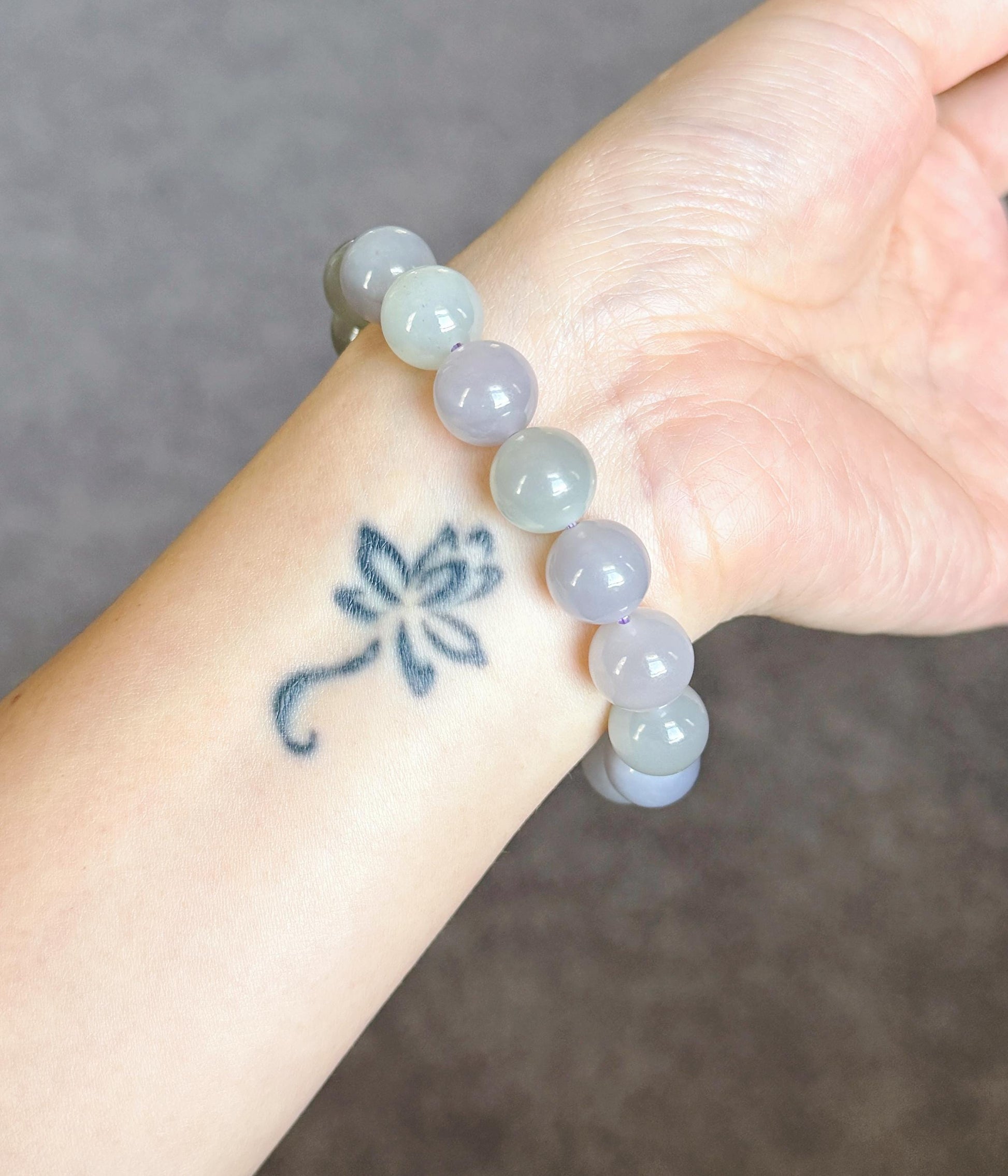 12mm Natural Nephrite Jade Bracelet | Gray Lilac & Soft Green Jade | Rare Pastel Jade Jewelry Gift for Her