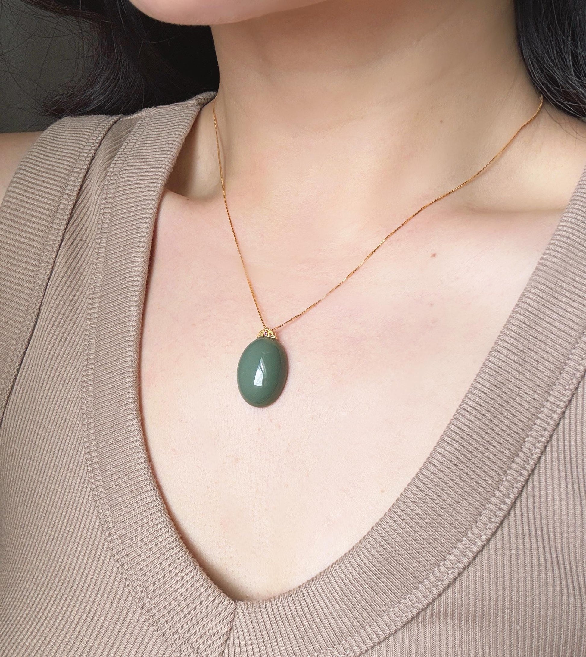 Natural Nephrite Jade Pendant Necklace | Certified Fine Jade | 18K Gold Bail | Soft Green Blue Cabochon | Minimalist Luxury Jewelry Gift