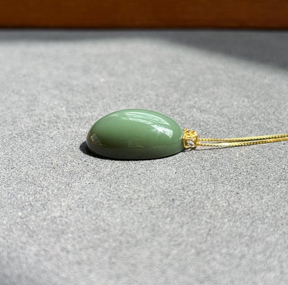 Natural Nephrite Jade Pendant Necklace | Certified Fine Jade | 18K Gold Bail | Soft Green Blue Cabochon | Minimalist Luxury Jewelry Gift