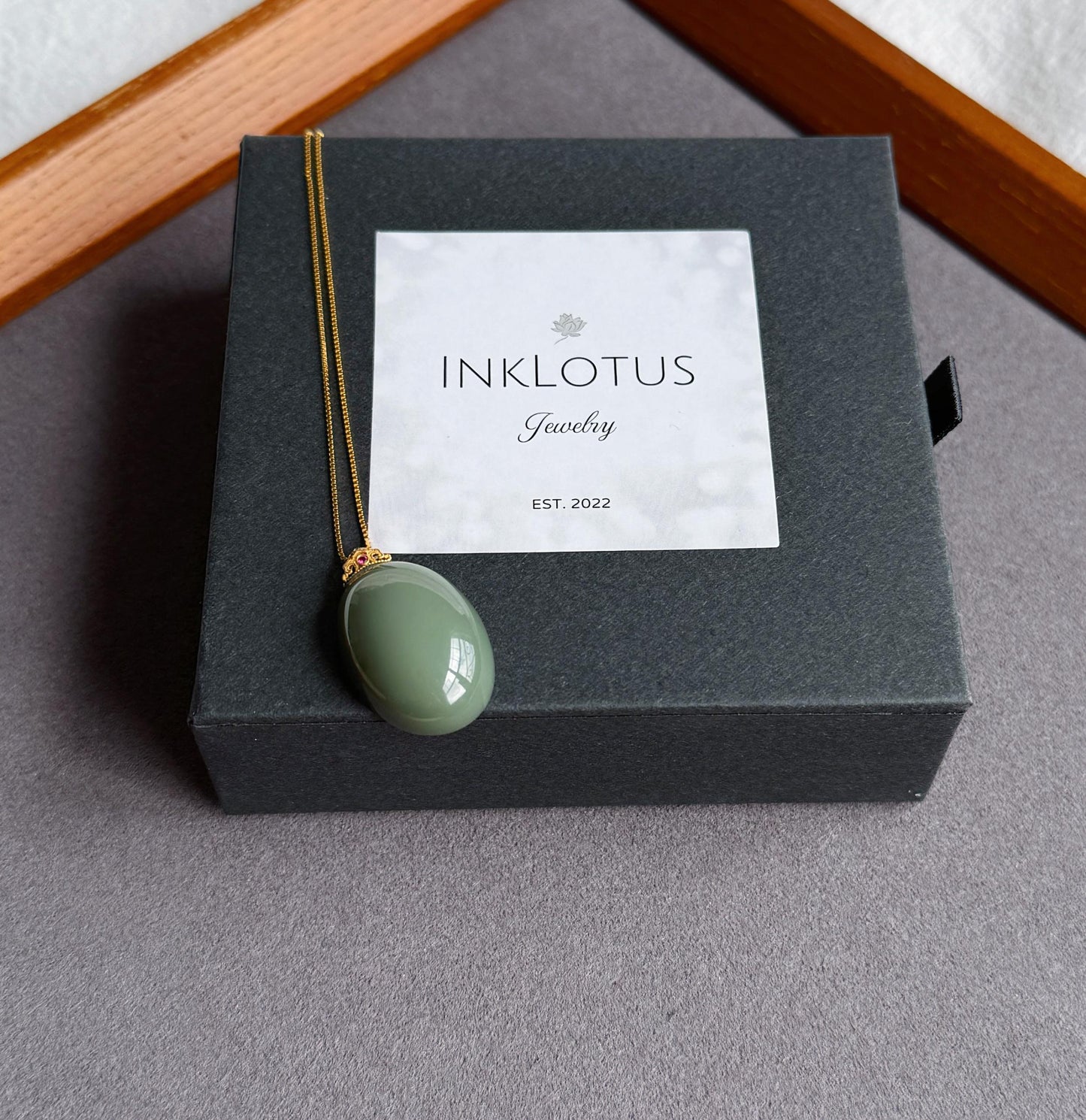 Natural Nephrite Jade Pendant Necklace | Certified Fine Jade | 18K Gold Bail | Soft Green Blue Cabochon | Minimalist Luxury Jewelry Gift