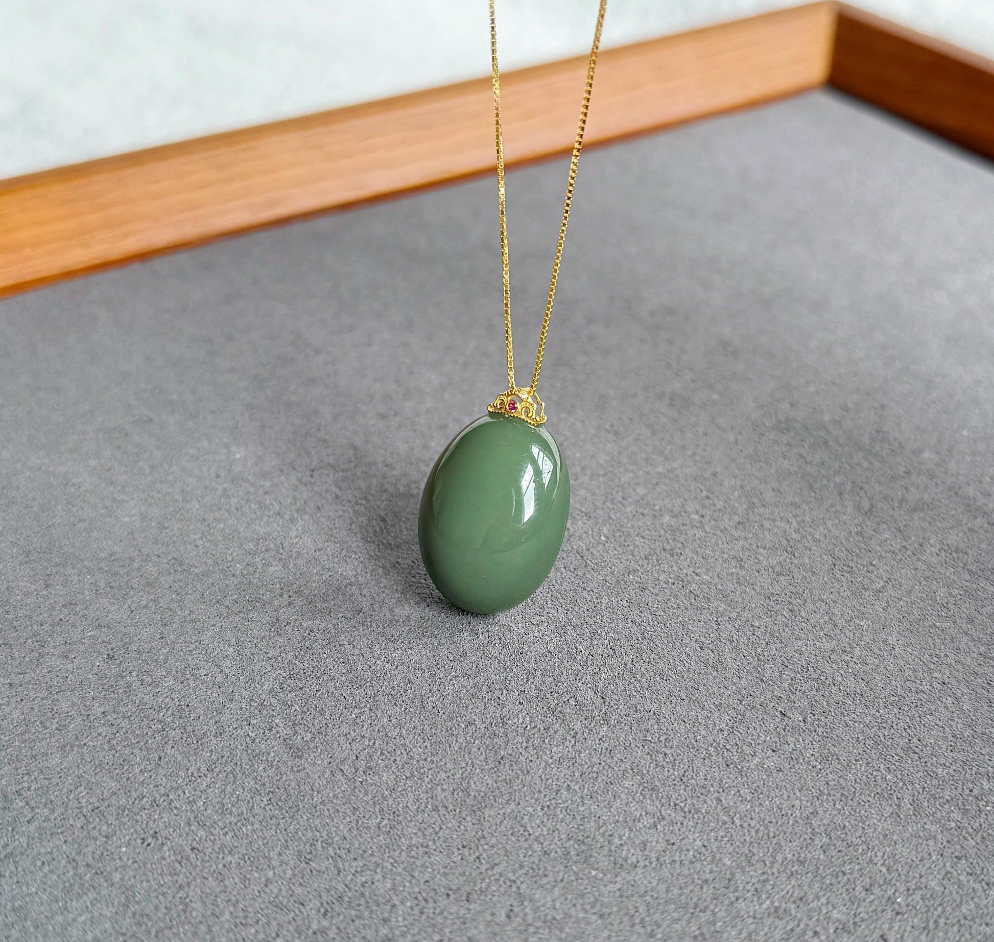 Natural Nephrite Jade Pendant Necklace | Certified Fine Jade | 18K Gold Bail | Soft Green Blue Cabochon | Minimalist Luxury Jewelry Gift