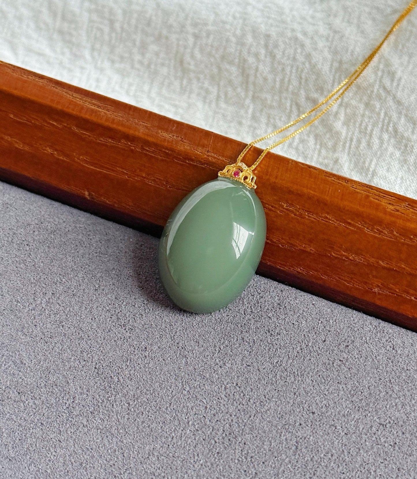 Natural Nephrite Jade Pendant Necklace | Certified Fine Jade | 18K Gold Bail | Soft Green Blue Cabochon | Minimalist Luxury Jewelry Gift