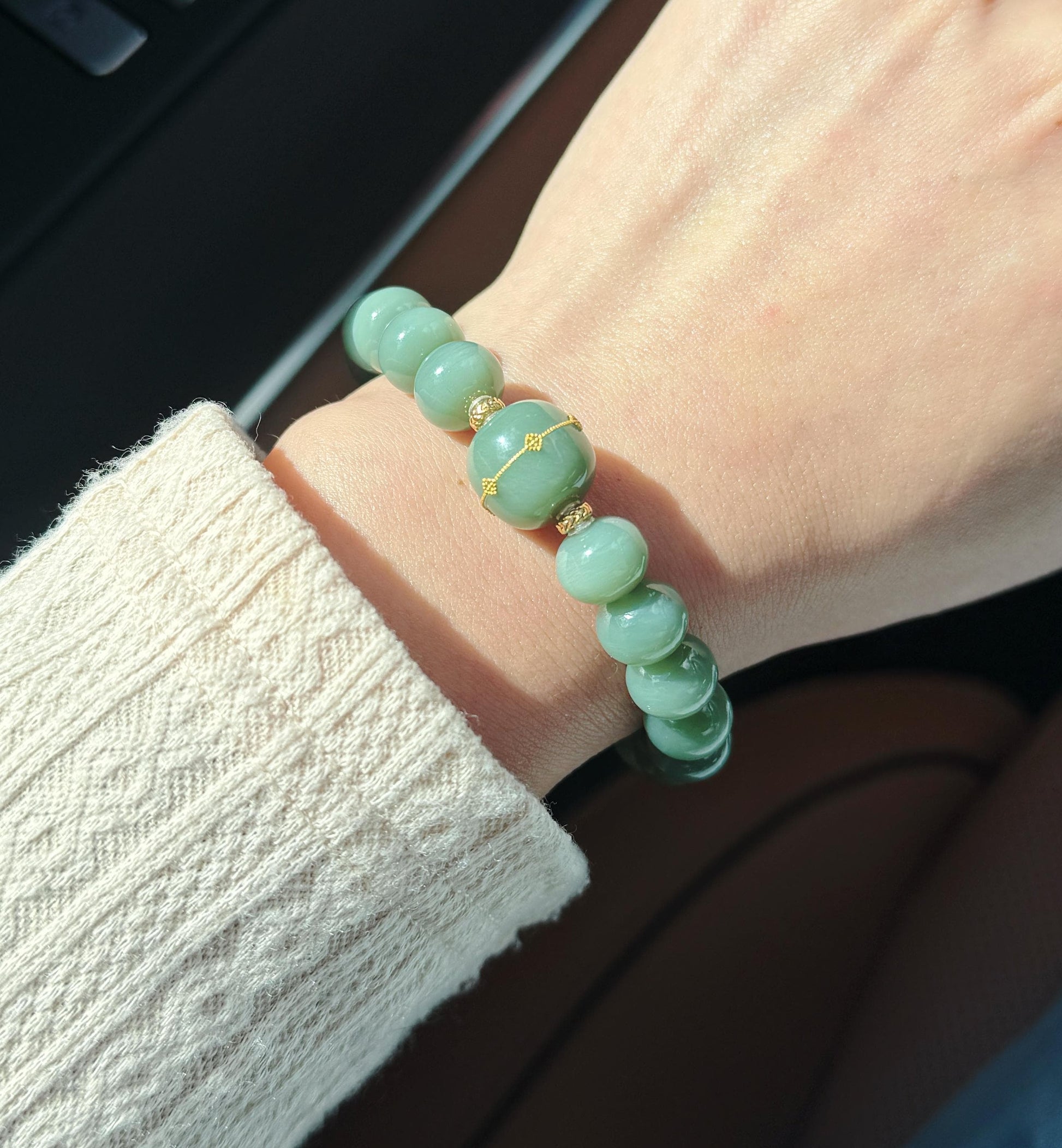 Natural Blue Nephrite Jade Bracelet 8*10mm | 18K Gold Accents | Luxury Fine Jade Gift