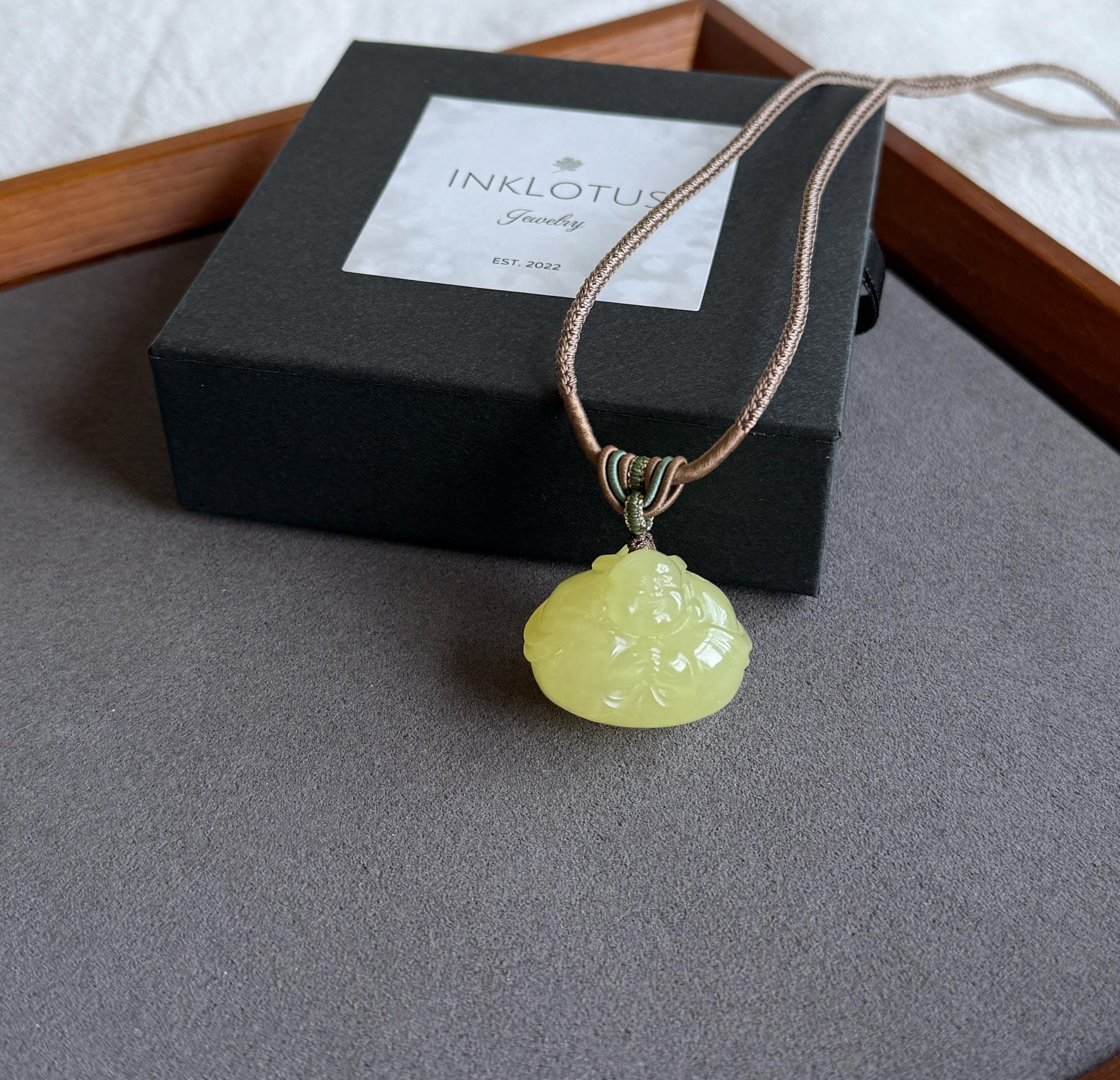 Natural Yellow Nephrite Jade Happy Buddha Pendant Necklace | Untreated Jade Stone | Adjustable Cord