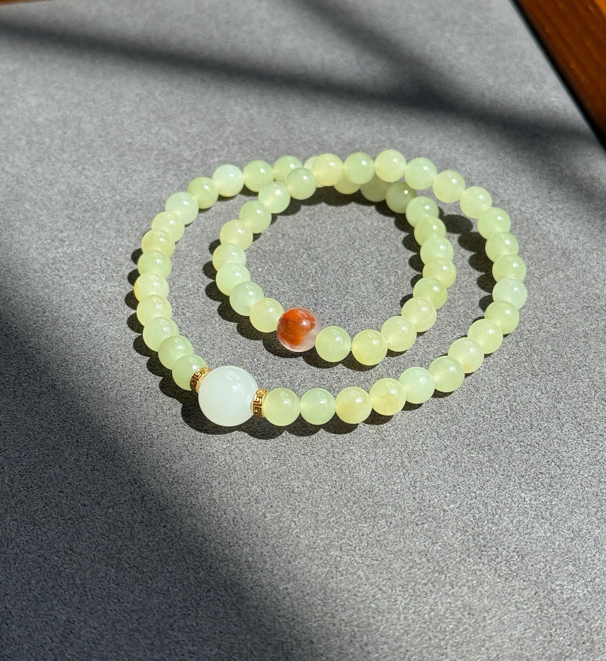 6mm Double Wrap Yellow Nephrite Jade Bracelet | White Jade & Red Agate Accent | Stretch Bracelet 6–6.75"