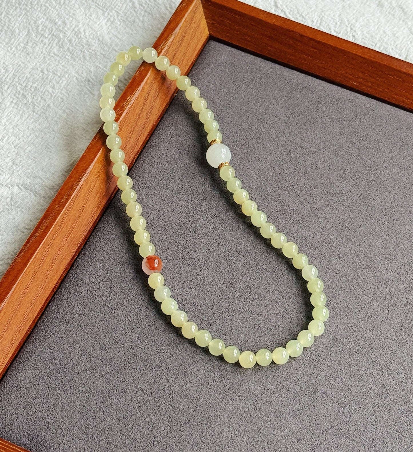 6mm Double Wrap Yellow Nephrite Jade Bracelet | White Jade & Red Agate Accent | Stretch Bracelet 6–6.75"