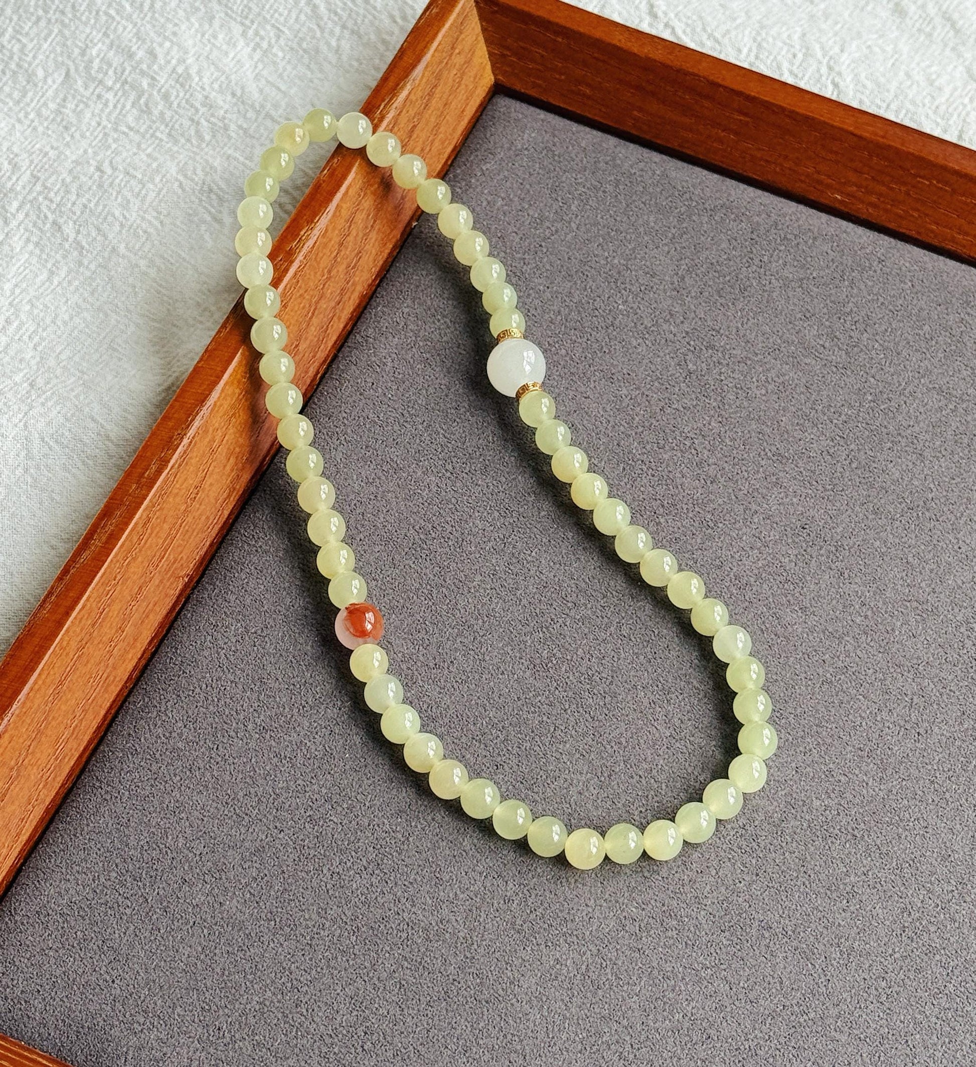 6mm Double Wrap Yellow Nephrite Jade Bracelet | White Jade & Red Agate Accent | Stretch Bracelet 6–6.75"