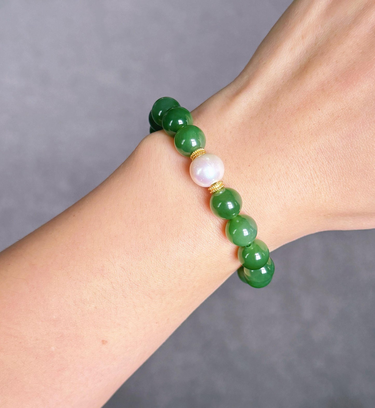 Natural Green Nephrite Jade Bracelet 9mm | Freshwater Pearl | S925 Sterling Silver Gourd Charm | Lucky Jade Jewelry