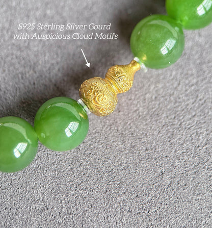Natural Green Nephrite Jade Bracelet 9mm | Freshwater Pearl | S925 Sterling Silver Gourd Charm | Lucky Jade Jewelry