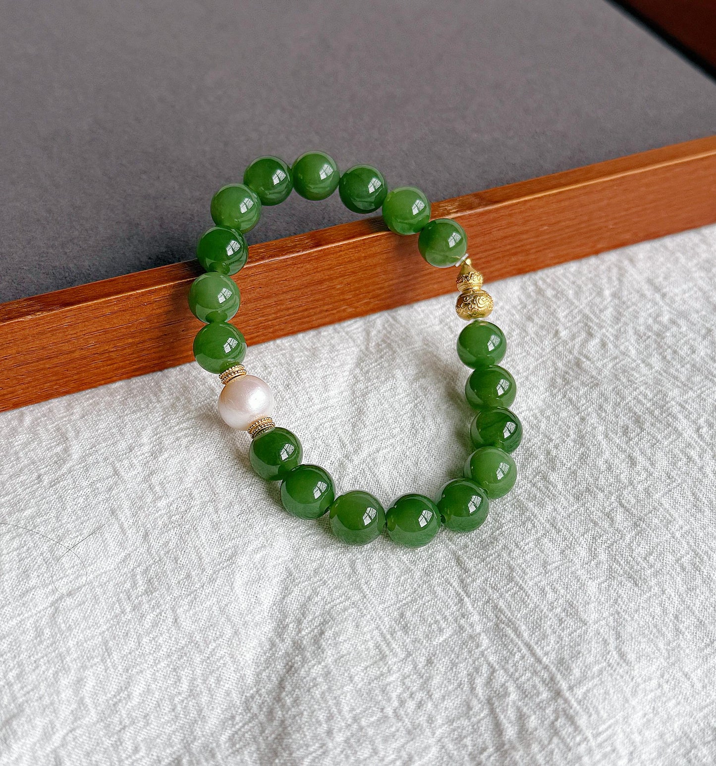Natural Green Nephrite Jade Bracelet 9mm | Freshwater Pearl | S925 Sterling Silver Gourd Charm | Lucky Jade Jewelry