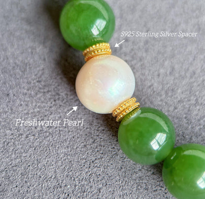 Natural Green Nephrite Jade Bracelet 9mm | Freshwater Pearl | S925 Sterling Silver Gourd Charm | Lucky Jade Jewelry