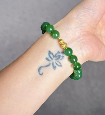 Natural Green Nephrite Jade Bracelet 9mm | Freshwater Pearl | S925 Sterling Silver Gourd Charm | Lucky Jade Jewelry