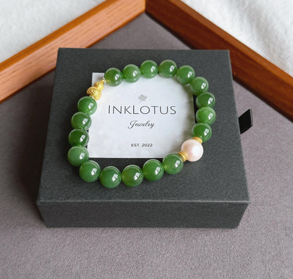 Natural Green Nephrite Jade Bracelet 9mm | Freshwater Pearl | S925 Sterling Silver Gourd Charm | Lucky Jade Jewelry