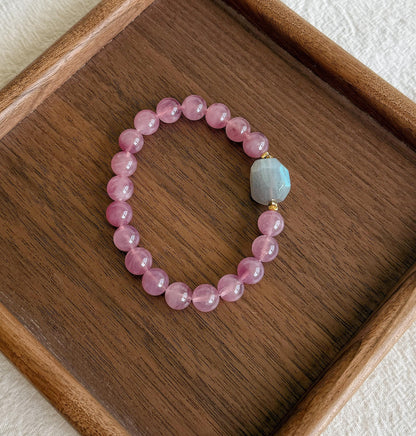 Natural Madagascar Rose Quartz Bracelet | 8.5mm Pink-Purple Gemstone Beads with Labradorite Centerpiece