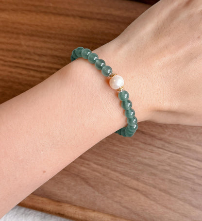 6mm Natural Guatemalan Blue Water Jadeite Bracelet with Freshwater Pearl | S925 Sterling Silver Accents