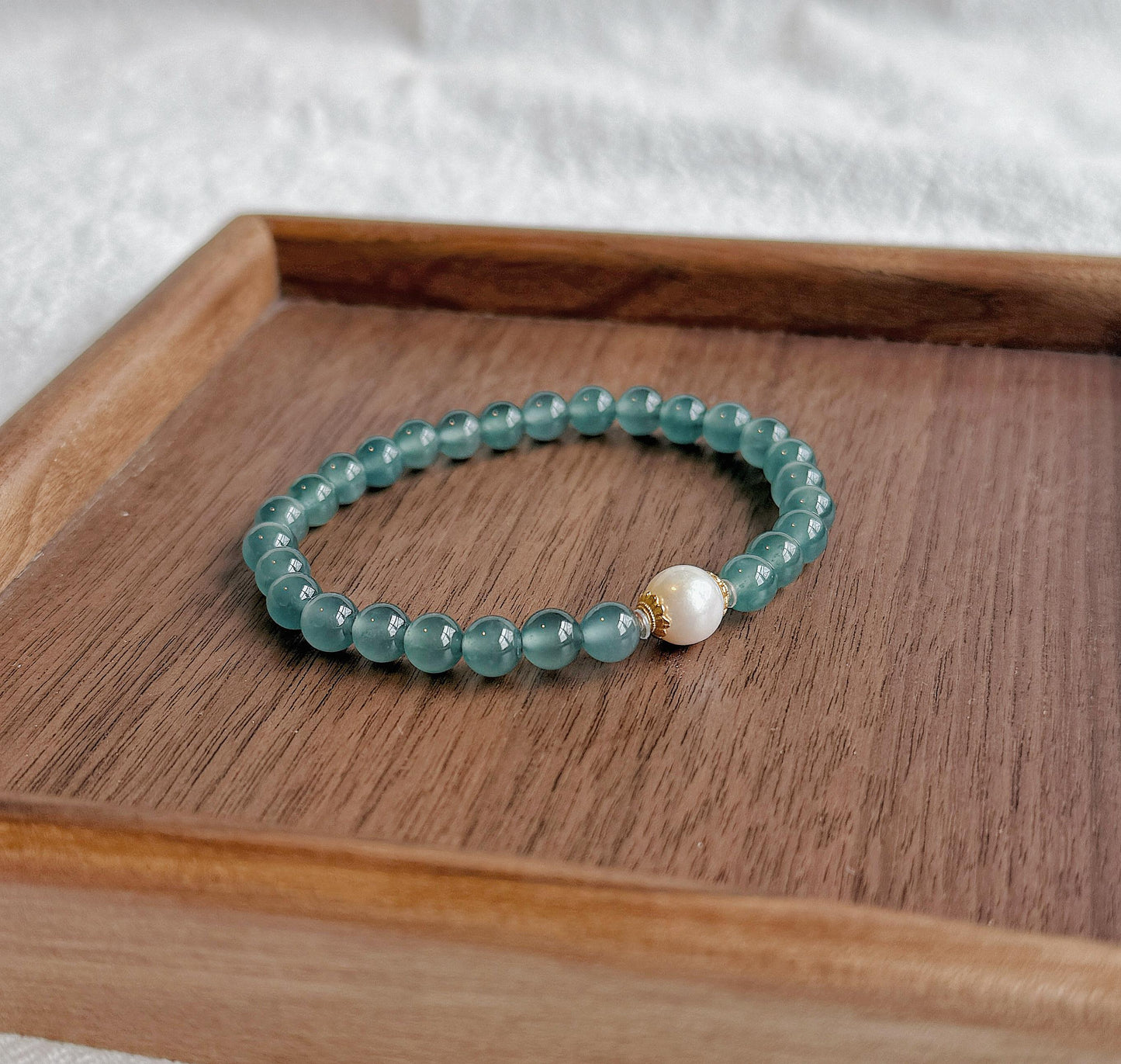 6mm Natural Guatemalan Blue Water Jadeite Bracelet with Freshwater Pearl | S925 Sterling Silver Accents