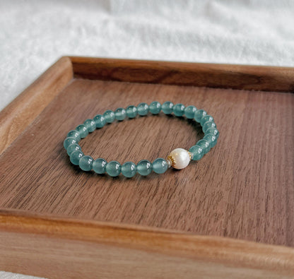 6mm Natural Guatemalan Blue Water Jadeite Bracelet with Freshwater Pearl | S925 Sterling Silver Accents
