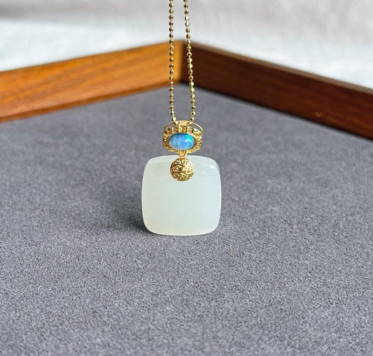 White Nephrite Jade Pendant Necklace | Solid 18K Gold Natural Welo Opal Bail | Fine Jewelry Gift for Her