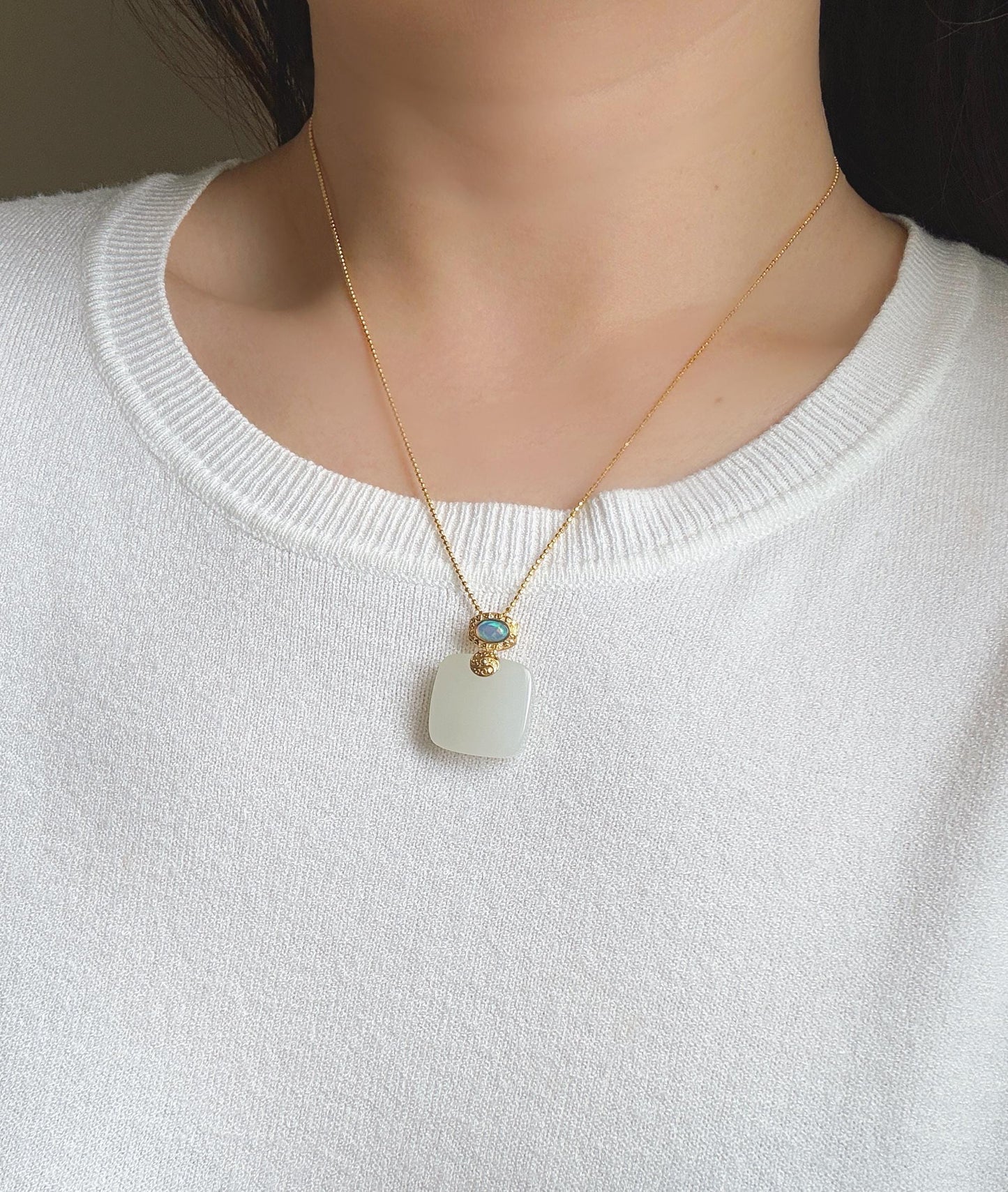 White Nephrite Jade Pendant Necklace | Solid 18K Gold Natural Welo Opal Bail | Fine Jewelry Gift for Her