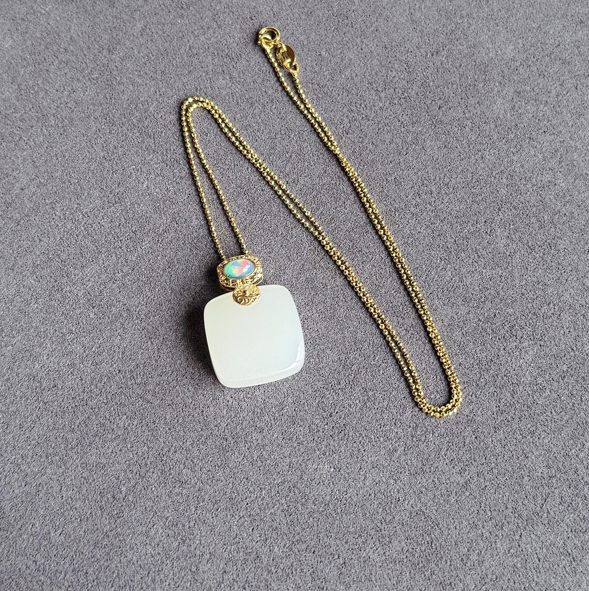 White Nephrite Jade Pendant Necklace | Solid 18K Gold Natural Welo Opal Bail | Fine Jewelry Gift for Her