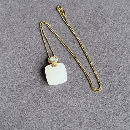White Nephrite Jade Pendant Necklace | Solid 18K Gold Natural Welo Opal Bail | Fine Jewelry Gift for Her