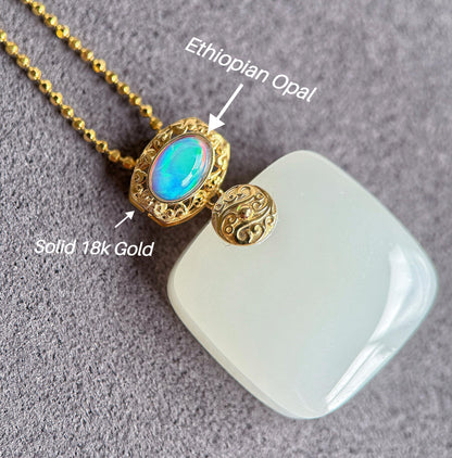 White Nephrite Jade Pendant Necklace | Solid 18K Gold Natural Welo Opal Bail | Fine Jewelry Gift for Her