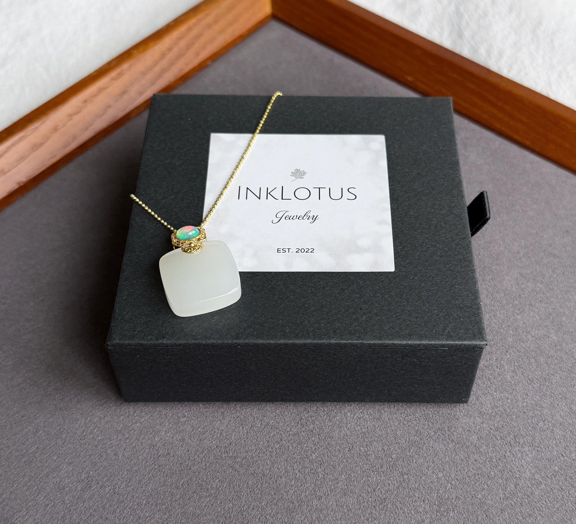 White Nephrite Jade Pendant Necklace | Solid 18K Gold Natural Welo Opal Bail | Fine Jewelry Gift for Her