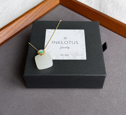 White Nephrite Jade Pendant Necklace | Solid 18K Gold Natural Welo Opal Bail | Fine Jewelry Gift for Her