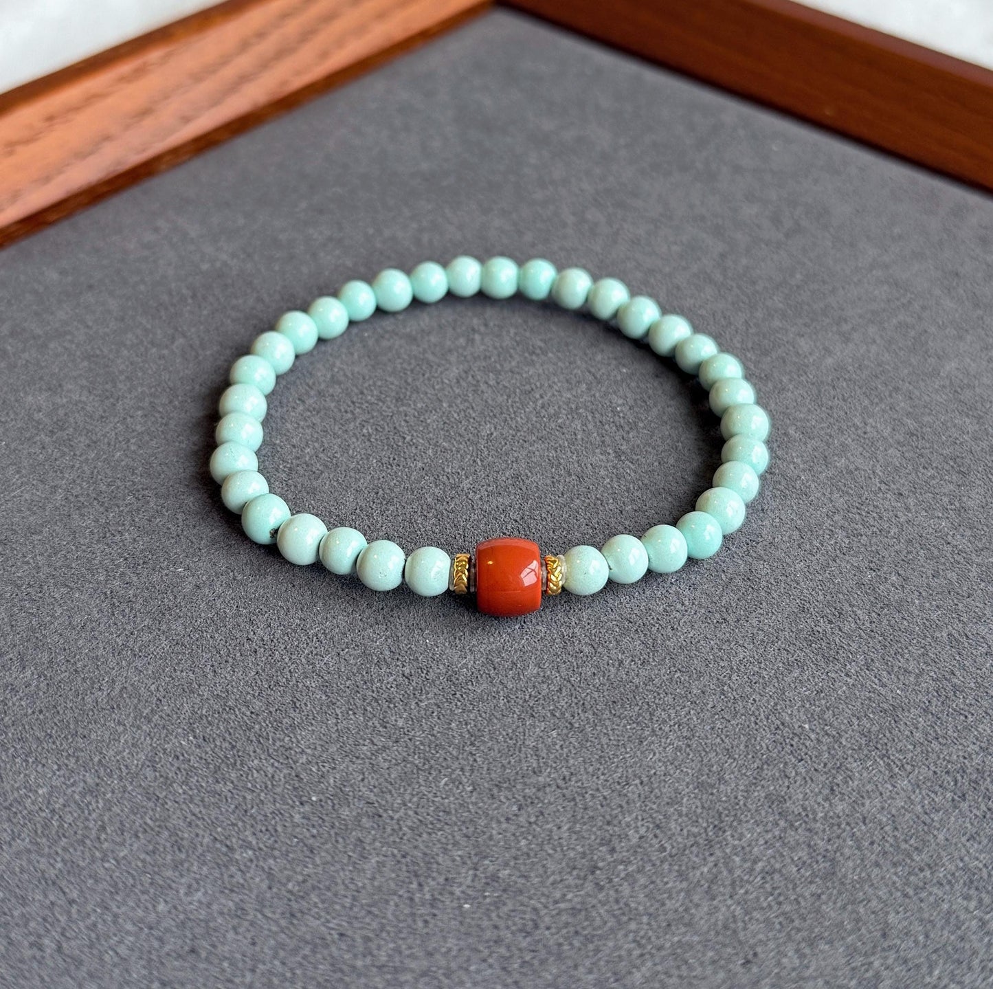 Natural 5mm Turquoise & Red Agate Beaded Bracelet | Untreated Turquoise | 18K Gold Accent Gemstone Jewelry